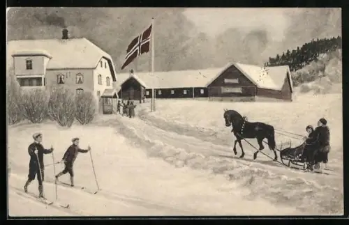 AK Skiläufer und Pferdeschlitten vor Gebäuden, Norwegische Flagge