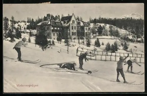 AK Wintervergnügen, Kleine Skiläufer vor einem Gebäude