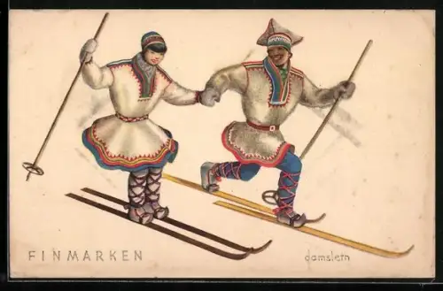 AK Finmarken, Paar in Tracht auf Skiern