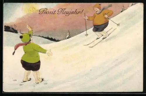 AK Rundliches Paar vergnügt sich auf Skiern, Neujahrsgruss