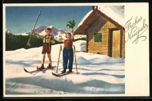 AK Kleines Paar auf Skiern vor einer Blockhütte, Neujahrsgruss