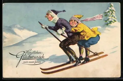 AK Paar saust auf einem Paar Skiern nach unten, Neujahrsgruss