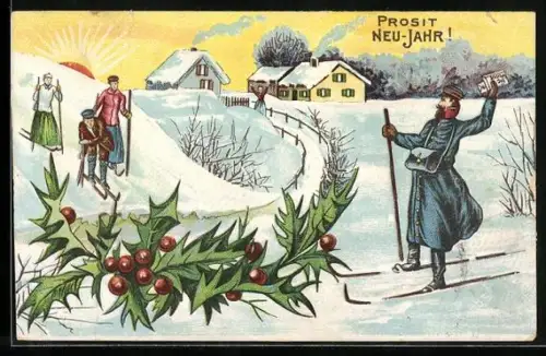 AK Postbote auf Skiern wünscht Prosit Neujahr!