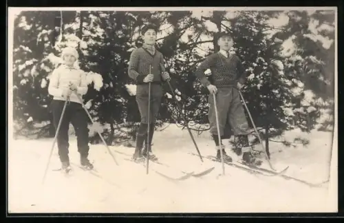 Foto-AK Drei Skiläufer im Schnee, Winter 1928/29