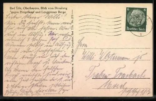 AK Bad Tölz, Blomberg, Zwei Skiläufer gegen Heigelkopf u. Lenggrieser Berge