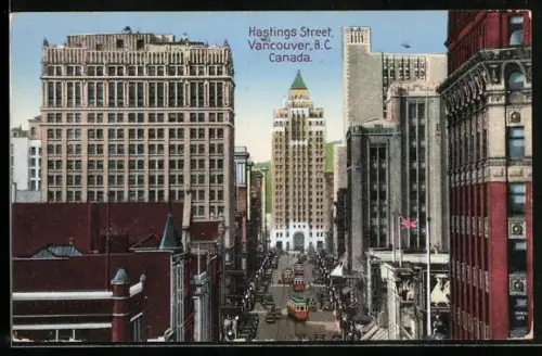 AK Vancouver, Hastings Street, Strassenbahnen