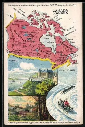 AK Quebec, Schlittenpartie, Landschaftsansicht mit Schwarzbären, Landkarte