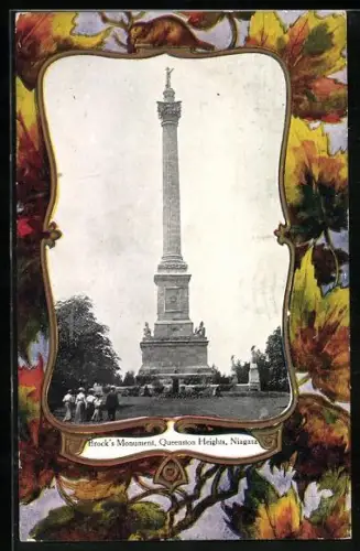 AK Queenston Heights, Brock` s Monument, Rahmen mit Herbstblättern