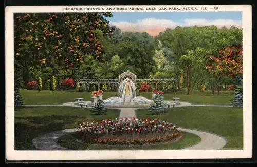 AK Peoria, IL, Electric Fountain and Rose Arbor, Glen Oak Park