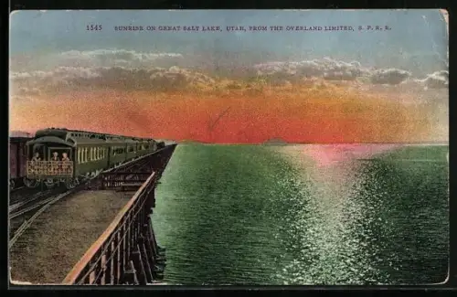 AK Great Salt Lake, UT, Sunrise on Great Salt Lake from the Overland Limited S. P. Railroad