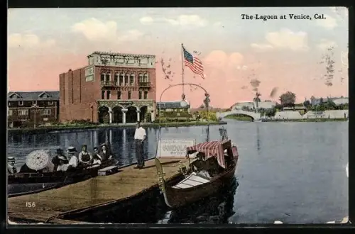 AK Venice, CA, The Lagoon, gondola in foreground