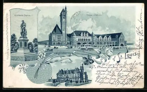 Lithographie St. Louis, MO, Humboldt Statue, New City Hall, Union Station, Strassenbahn