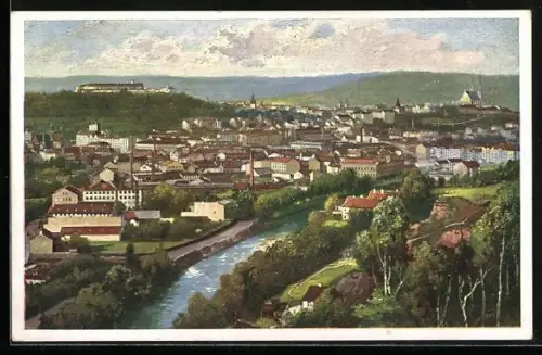 Künstler-AK Brünn, Panorama mit Kirche