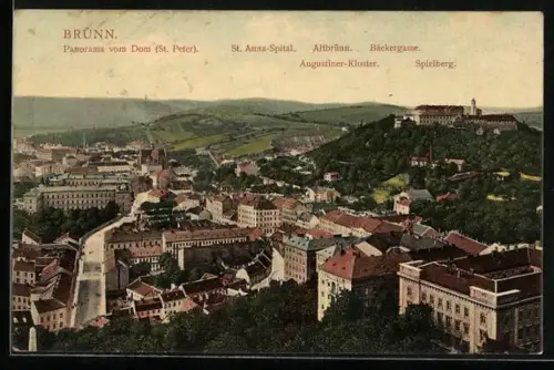 AK Brünn, Panorama vom Dom St. Peter, St. Anna-Spital, Augustiner-Kloster und Altbrünn