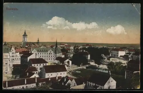 AK Budweis, Ortsansicht mit Kirche aus der Vogelschau