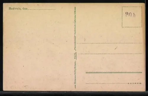 AK Budweis, Ortsansicht mit Kirche aus der Vogelschau