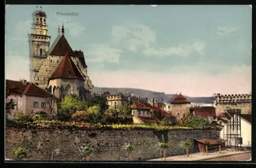 AK Prachatitz, Ortspartie an einer Mauer