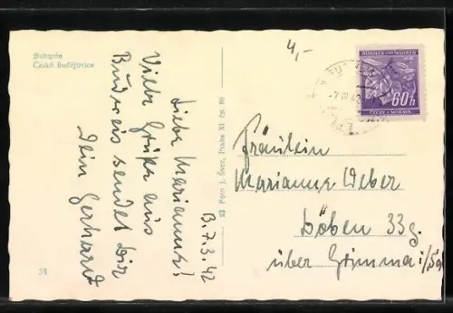 AK Budweis, Ortsansicht aus der Vogelschau