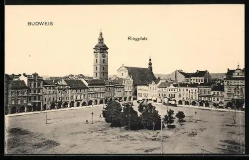 AK Budweis, Ansicht vom Ringplatz aus der Vogelschau