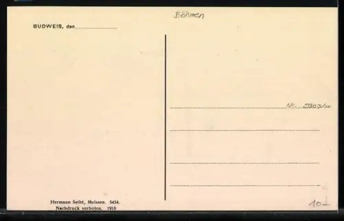 AK Budweis, Ansicht vom Ringplatz aus der Vogelschau