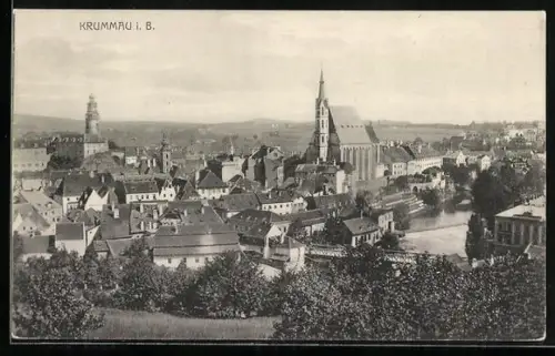 AK Krummau i. B., Ortsansicht mit Kirche und Schloss