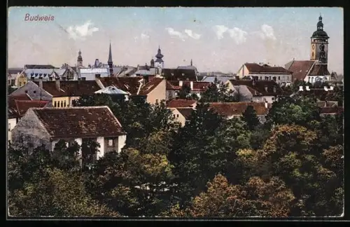 AK Budweis / Ceske Budejovice, Ortsansicht mit Blick über die Dächer des Ortes