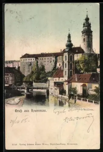 AK Krummau, Schloss mit Ortsansicht aus der Vogelschau