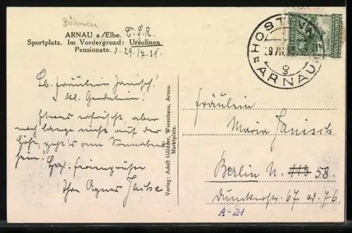 AK Arnau a. Elbe, Sportplatz und Ursulinen-Pensionate