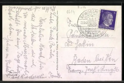 AK Spindelmühle /Riesengebirge, Panorama mit Strassenpartie