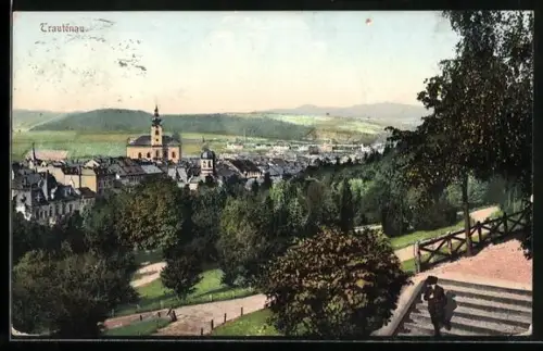 AK Trautenau, Panorama mit Kirche