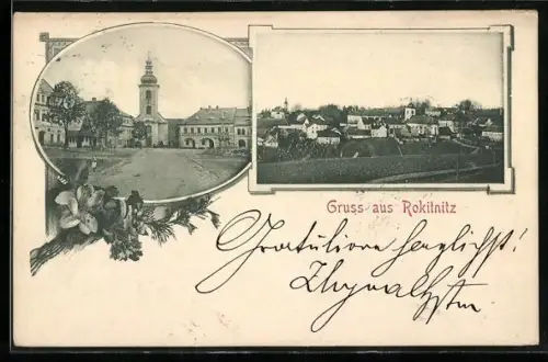 AK Rokitnitz / Rokytnice v Orlickych Horach, Gasthof und Kirche, Totalansicht