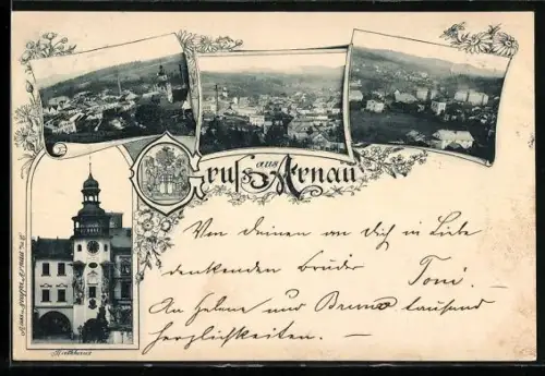 AK Arnau, Rathaus, Blick auf den Ort