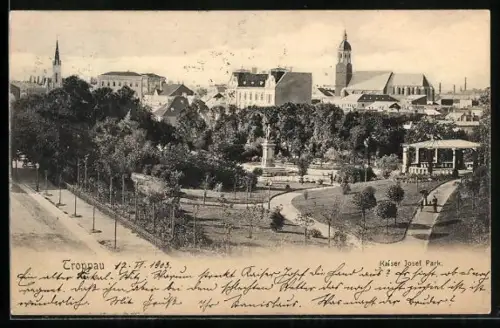 AK Troppau, Kaiser Josef-Park mit Standbild und Pavillon