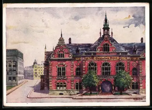 Künstler-AK Mär. Ostrau, Deutsches Haus mit Strassenpartie