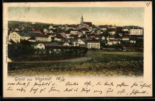 AK Wagstadt, Panorama mit Kirche