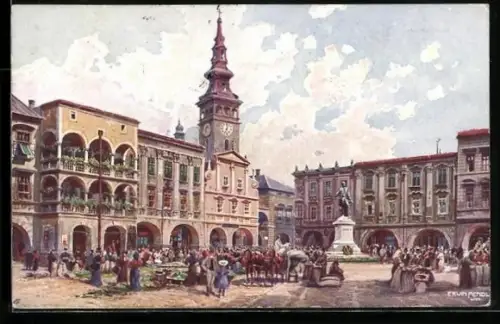 Künstler-AK Neu-Titschein, Leute auf dem Stadtplatz, Denkmal