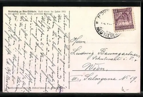 Künstler-AK Neu-Titschein, Leute auf dem Stadtplatz, Denkmal