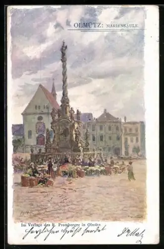 Künstler-AK Olmütz, Strassenpartie an der Mariensäule