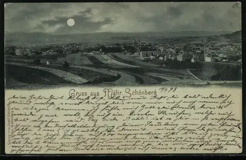 Mondschein-AK Mähr. Schönberg, Gesamtansicht mit Feldern