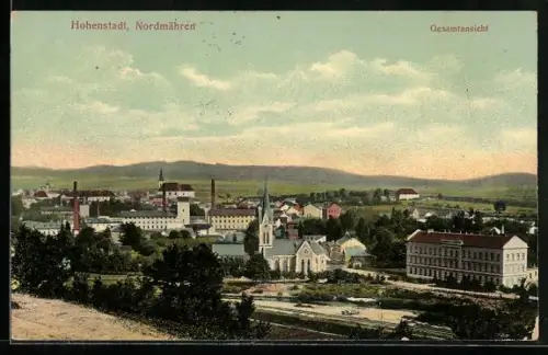AK Hohenstadt /Nordmähren, Gesamtansicht mit Kirche und Bahngelände aus der Vogelschau