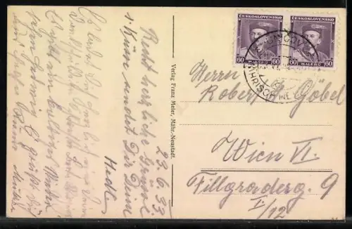 AK Mähr. Neustadt, Stadtplatz mit Säulendenkmal und Kirche aus der Vogelschau