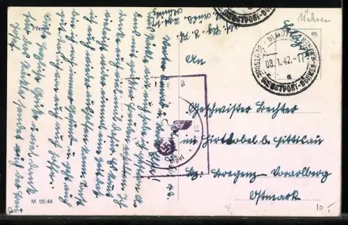 AK Prerov, Anlage mit Denkmal, Geschäftshaus