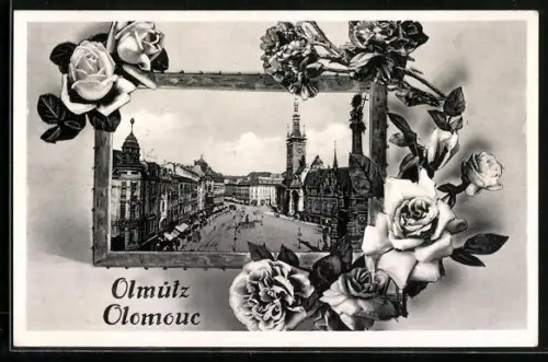 AK Olmütz, Platz mit Turmgebäuden aus der Vogelschau, Rahmen mit Rosen