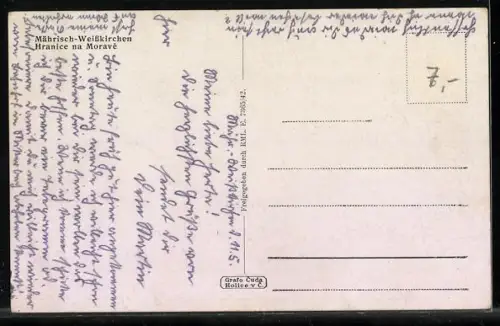 AK Mähr. Weisskirchen, Brückenpartie mit Ortspanorama