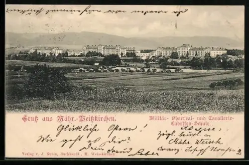 AK Mähr.-Weisskirchen, Militär-Oberreal- und Cavallerie-Cadetten-Schule, Panorama von einem Feld aus