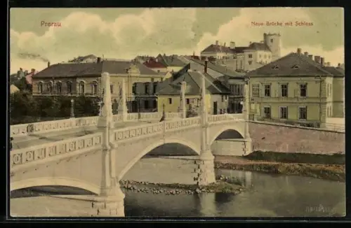 AK Prerau, Neue Brücke mit Schloss, Panorama