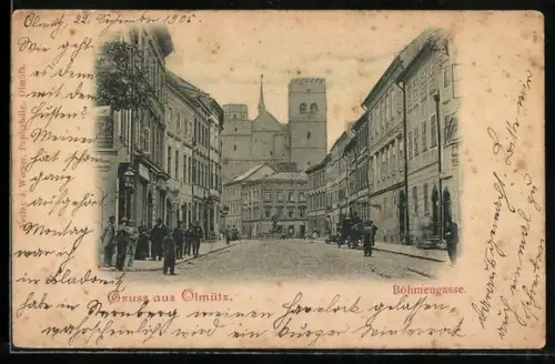 AK Olmütz, Strassenpartie in der Böhmergasse mit Geschäften