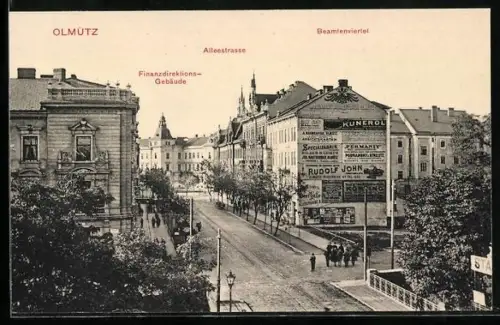 AK Olmütz, Alleestrasse mit Finanzdirektionsgebäude und Beamtenviertel