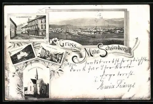 AK Mähr.-Schönberg, Eichelbrennerplatz, Schloss Johrnsdorf, Evangelische Kirche, Schiller-Strasse