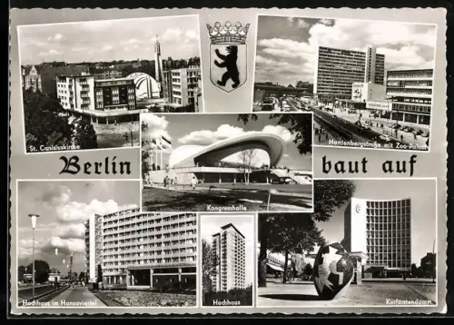 AK Berlin, Hardenbergstrasse mit Zoo-Palast, Hochhaus im Hansaviertel, Kongresshalle